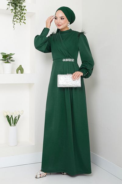 ModaMerve Emerald Hijab Βραδινό Φόρεμα - Λεπτομέρεια από πέτρα, Μοντέλο 271DVL897-M