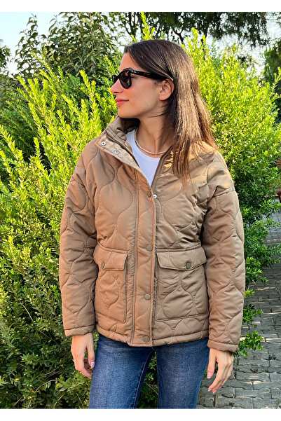 Love The Wind Σκούρο Μπεζ Καπιτονέ Παλτό - Πλαϊνά Συρρικνώσιμα