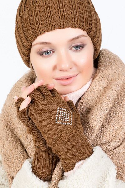 POSUSS Women's Fingerless Gloves with Stone Detail - Brown - Ps3104