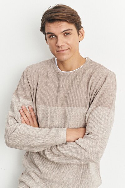 ALTINYILDIZ CLASSICS Béžový krémový pánský úpletový svetr – výstřih s výstřihem, standardní střih