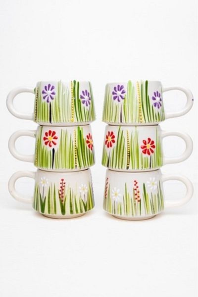 İlbay Çini Takı Ceramic Handcrafted Mug Mug Daisy 6 PCS Cup 3 Colors
