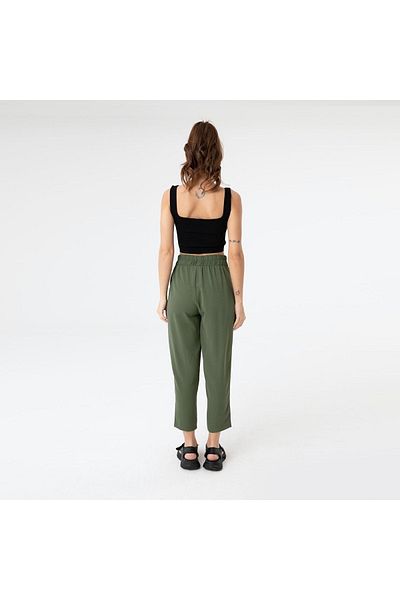 Puane Women's Elastic Waist Lace up Aerobin Carrot Cut Khaki Colored Trousers 18102