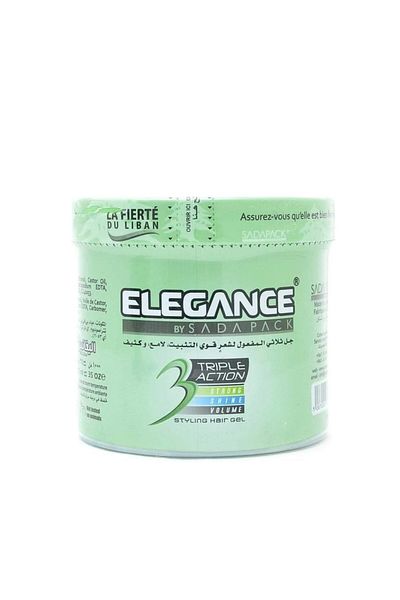 Elegance Triple Action Hair Gel - Green, 1000ml | Strong Hold, Glossy Finish, Flexible Styling