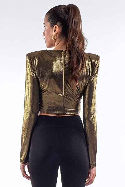 LorraJo Vatkalı Omuzdan Büzgü Detaylı Gold Varak Crop Top