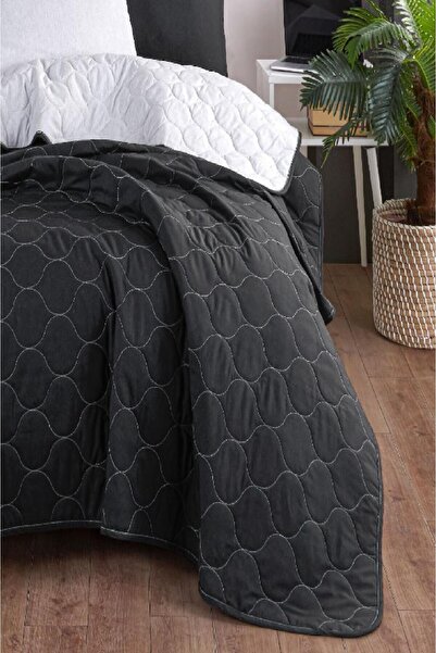 Eponj Home Kapitone Yatak Örtüsü Seti Tek Kişilik Solid Siyah-Gri