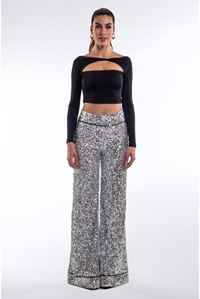LorraJo Gümüş Payetli Bol Paça Pantolon