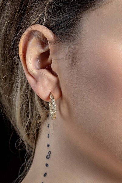 MOOM MÜCEVHERAT Kadın 14 Ayar Altın Lazer Desenli Halka Küpe