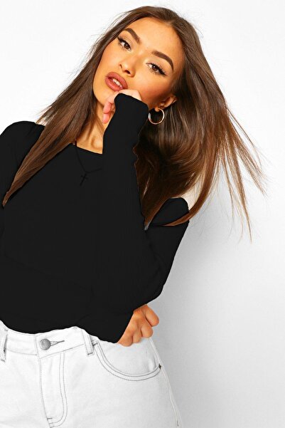 CHEISU Bluză neagră cu mânecă lungă - Tricou cu nervuri cu decolteu