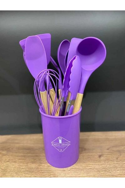 safestore 12 Piece Wooden Silicone Kitchen Set - Pastry, Ladle, Beater Brush and Colander Spoon Holder Tongs Spatula