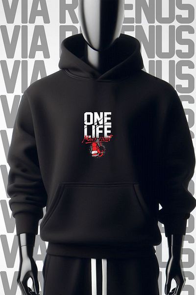 Vordevia One Life Many Fight - Φούτερ με φαρδιά εφαρμογή με 3 νήματα, μπροστινή και πίσω στάμπα με μαύρη κουκούλα