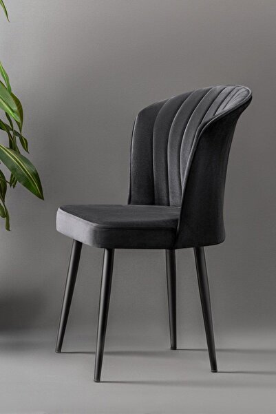 MYMASSA Rubi Sandalye - Babyface Siyah - Siyah Metal Ayak (2 ADET) - Salon Sandalyesi / Mutfak Sandalyesi