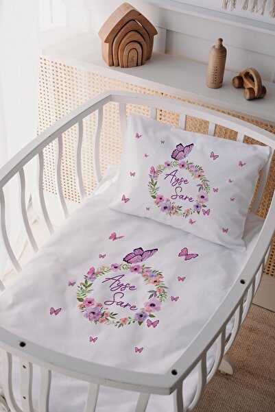 Lilabio %100 Pamuk Saten Isme Özel Isimli Anne Yanı Beşik Nevresim Takımı Kelebek