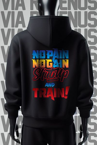 Vordevia Φούτερ No Pain No Gain 3 νήματα φαρδιά εφαρμογή μαύρη κουκούλα - Μπροστά και πίσω εμπριμέ