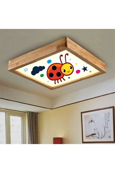 Dekor olsun 6500K White Led Light - Wooden Frame Ceiling Lighting Chandelier for Children's Room 60*60cm Ladybug