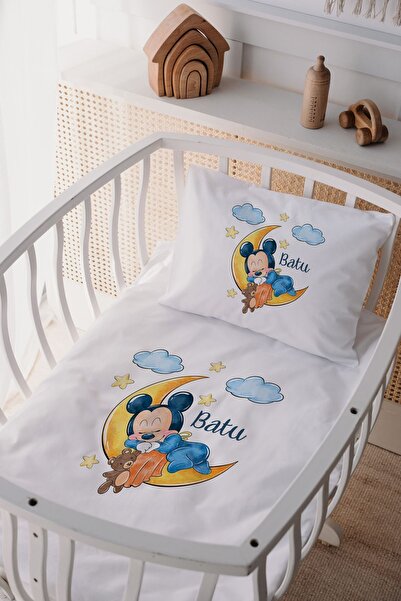 Lilabio %100 Pamuk Saten Isme Özel Isimli Anne Yanı Beşik Nevresim Takımı Mickey