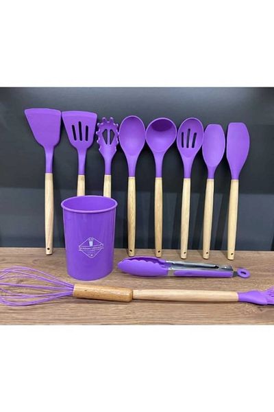 safestore 12 Piece Wooden Silicone Kitchen Set - Pastry, Ladle, Beater Brush and Colander Spoon Holder Tongs Spatula