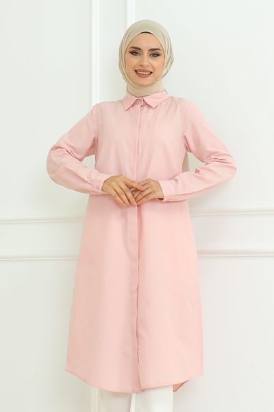Eliva Powder Pink Women's Tunic - Long Sleeve, Collar Button, Hijab Design