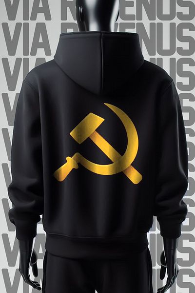 Vordevia Hanorac negru cu glugă, cu 3 fire, imprimat față și spate, cu ciocan de seceră