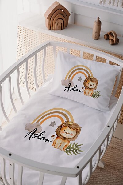 Lilabio %100 Pamuk Saten Isme Özel Isimli Anne Yanı Beşik Nevresim Takımı Aslan