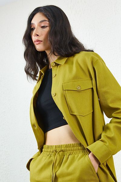 Manche Olive Gabardine Front Pocket Detailed Shirt