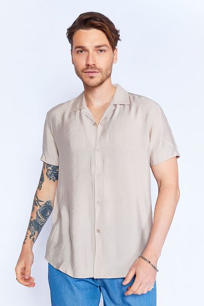 Manche Beige Colored - Apache Collar, Short Sleeve Shirt, Modal Soft Texture| MES118072-01