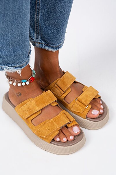 Manijero Γυναικείες παντόφλες Farah από γνήσιο δέρμα διπλό Velcro Dark Mustard