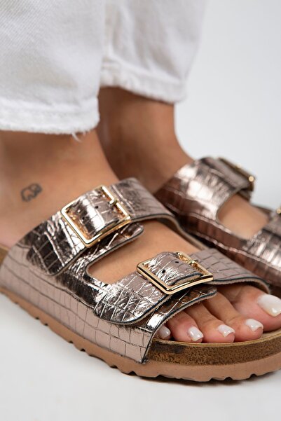 Manijero Croco Women's Genuine Leather Double Buckle Crocodile Copper Slippers