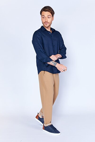 Manche %100 Keten Rahat Kesim Uzun Kol Gömlek Lacivert | MES128043-01