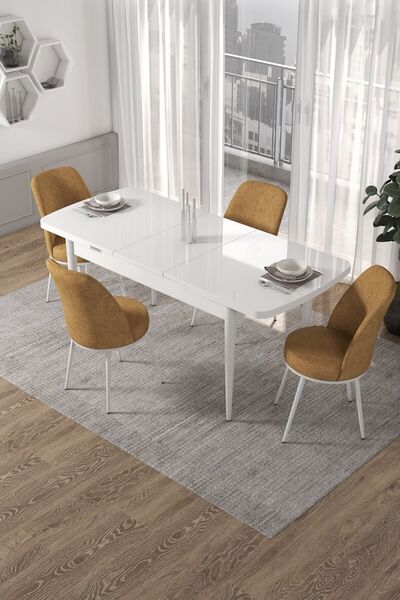 Canisa Kor Serisi 70x114 Açılabilir Mutfak Masası Takımı Beyaz Masa 4 Cappuci...