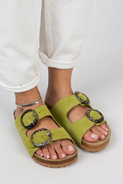 Manijero Γυναικείες παντόφλες με διπλή πόρπη από γνήσιο δέρμα, πράσινο φιστίκι