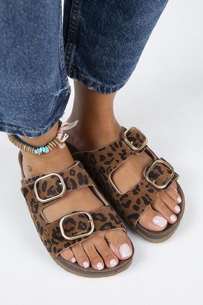 Manijero Jazmin Leopard Pattern - Genuine Leather Women's Slippers, Double Buckle