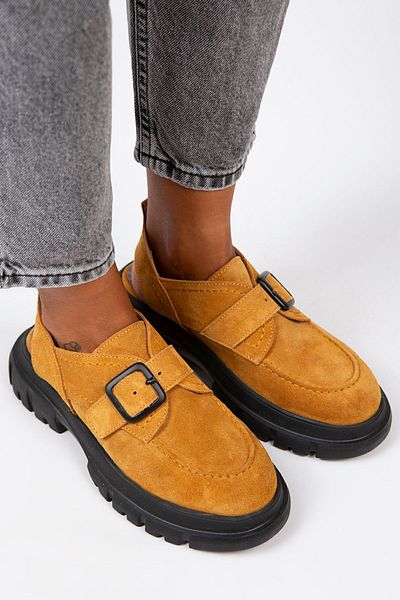 Manijero Rayne Women's Genuine Leather Buckle Belted Mustard Suede Sandals
