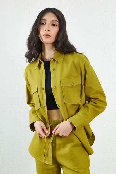 Manche Olive Gabardine Front Pocket Detailed Shirt