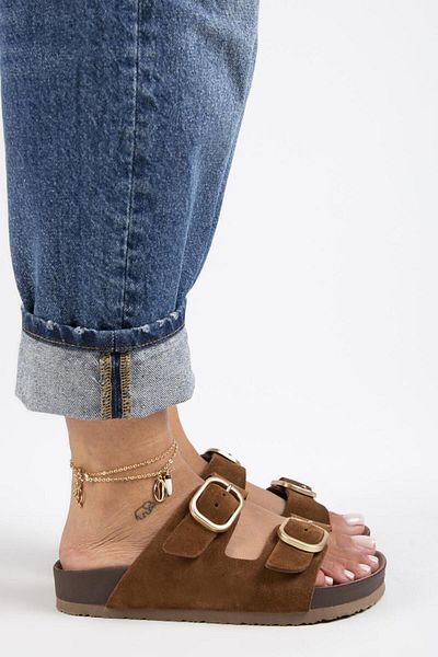 Manijero Jazmin Women's - Genuine Leather, Double Buckle Tan Slippers