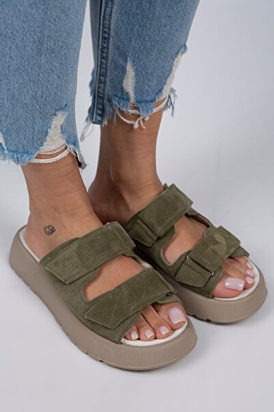 Manijero Farah Γυναικείο Γνήσιο Δερμάτινο Διπλό Velcro Green Suede - Μπεζ παντόφλες