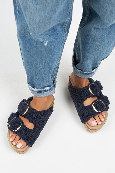 Manijero Papuci de damă Selina Furry Textile Furry cu cataramă dublă bleumarin
