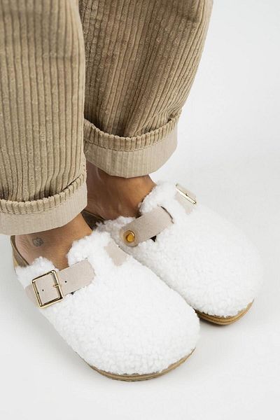 Manijero Juno Papuci de damă din piele naturală din blană textilă cu cataramă cu centură alb-nisip