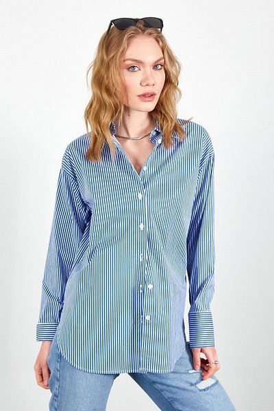 Manche Striped Long Oversize Comfortable Fit Basic Women's Shirt |   Navy Blue Mks 167174 -01