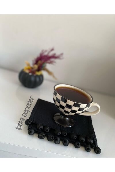 NehiripekHome Siyah Ponpon Kokteyl Bardak Altlığı Peçete 1 Adet