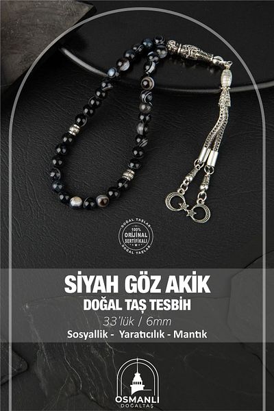 OSMANLI DOĞAL TAŞ 6mm Black Natural Stone Rosary - 33Pcs Eye Agate