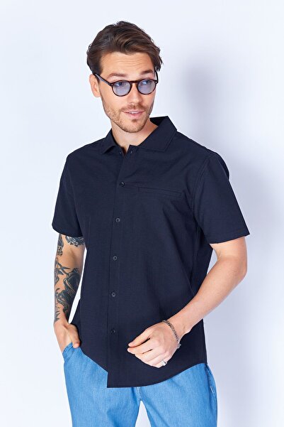 Manche %100 Pamuk Kırışık Katlı Yaka Kısa Kol Gömlek Siyah | MES129280-01