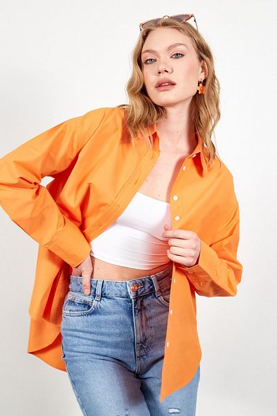 Manche Women's Relaxed Fit 100% Cotton Poplin Shirt |   Orange Mks 163867 -01