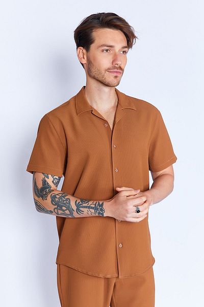 Manche Flexible Ottoman Texture - Apricot Collar Short Sleeve Men's Shirt| Coffee MJS117839-01