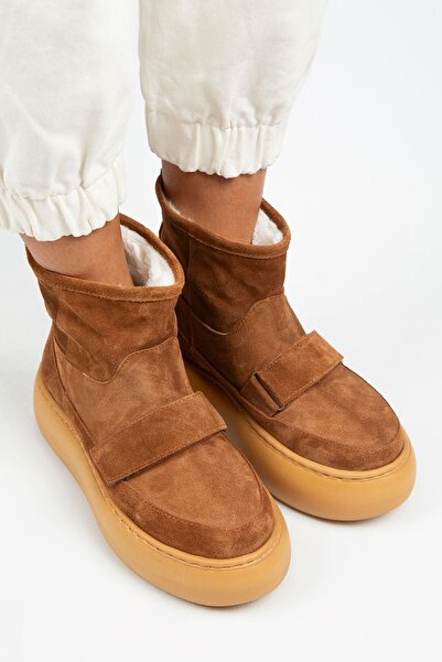 Manijero Ember Kadın Hakiki Deri Üstten Çırtlı İçi Kürklü Taba Bot