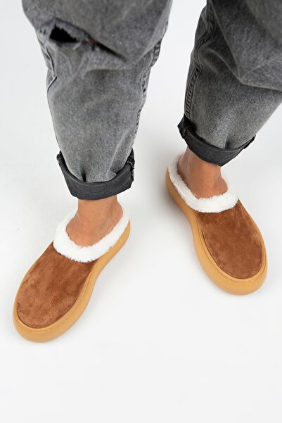 Manijero Miranda Women's Genuine Leather Flat Fur Lined Tan Slippers