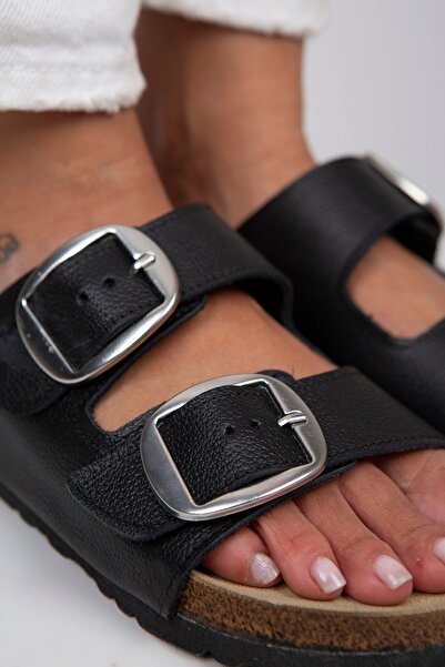 Manijero Γυναικείες παντόφλες Irene από γνήσιο δέρμα με διπλή πόρπη μαύρο-ασημί