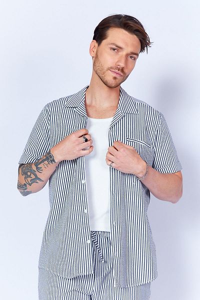 Manche Black Men's Shirt - Pocket Detail, Short Sleeve, Apache Collar, Seersucker Striped| MES114629-01
