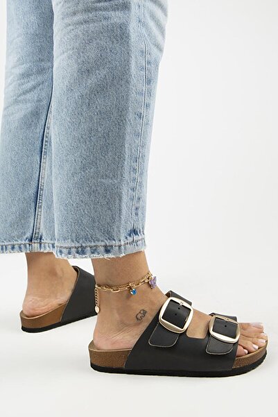 Manijero Irene Black Gold Slippers - Genuine Leather, Double Buckle, Antique