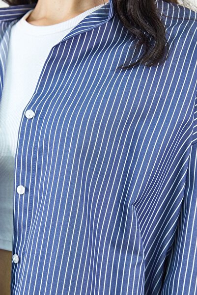 Manche İnce Çizgili Pamuk Saten Oversize Rahat Kalıp Kadın Basic Gömlek | Lacivert Mks167432-01 Iliedi001ii
