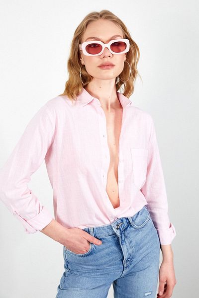 Manche Pink Pocketed Linen Effect Women's Shirt